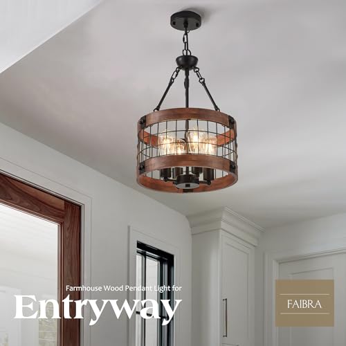 4 Light Farmhouse Drum Wood Pendant Light