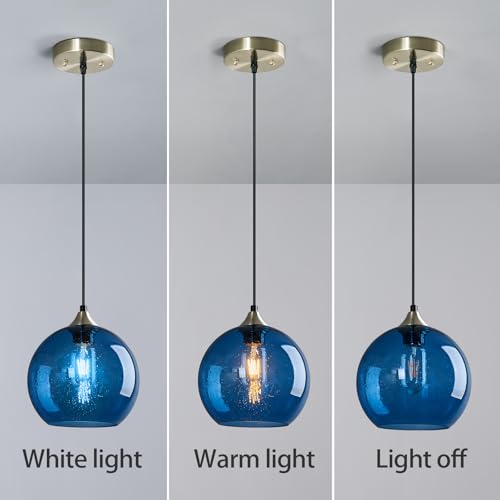 Blue Glass Pendant Lights Kitchen Island Lighting Globe Pendant Light Fixtures Modern Pendant Lighting for Kitchen Island Bedroom Living Dining Room Light Fixture (2 Count)