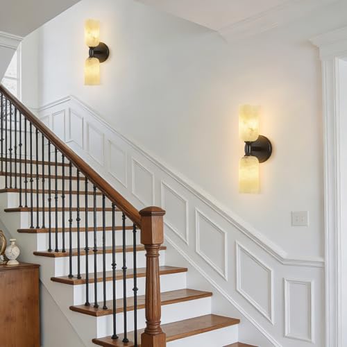 Natural Alabaster Wall Sconces Set of Two Modern Black Wall Lamp14in Milky White Alabaster Vanity Wall Lighting for Bedroom Bathroom Staircases Hallway（Included G9 Bulb） (2 Count)