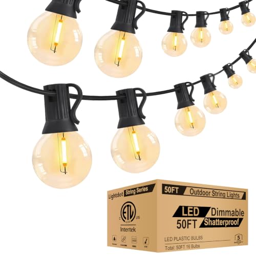 LED Outdoor String Lights 50FT Patio Lights with 16 Shatterproof G40 Vintage Edison Bulbs (50 Count)