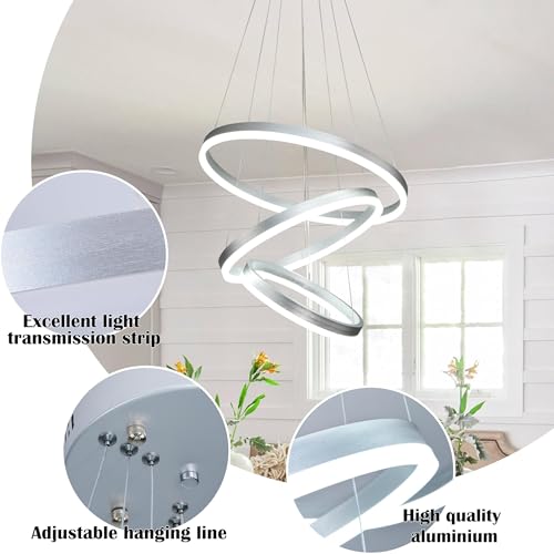 Modern Sliver Led Chandelier 3 Rings Pendant Lights Dimmable Chandeliers Color Temperature Height Adjustable Sliver Chandelier Led Pendant Light for Dining Room Bedroom Entryway Living Room