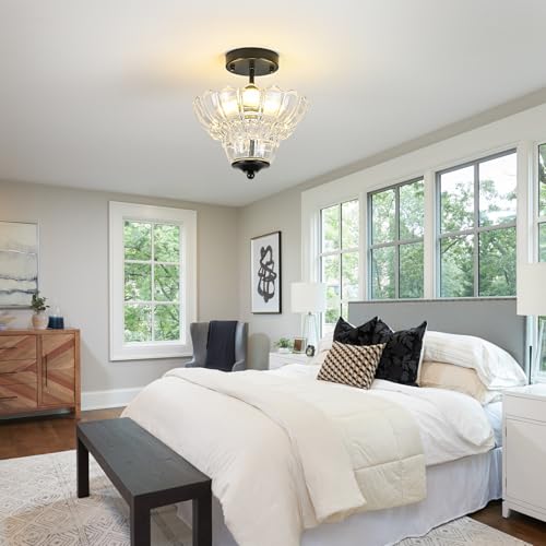 Black Semi Flush Mount Light with Floral Class Shade (Black)
