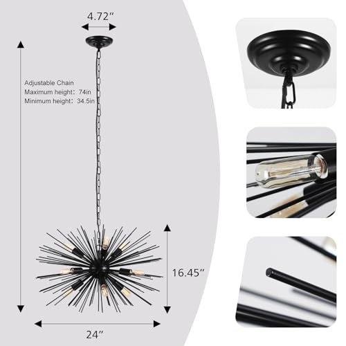 24in 9 Lights Black Sputnik Chandelier Light Fixture Over Table