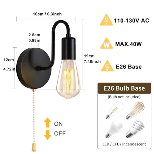 2 Pack Hardwired Vintage Wall Sconce with Switch E26 (2 Count)