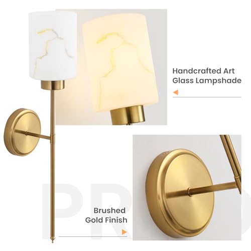 Gold Wall Sconces Set of 2 with Marble Glass Shade