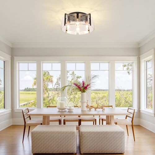 Modern 4 Light Flush Mount Ceiling Light with Hammered Glass Shade