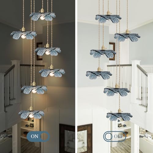 Foyer Chandelier for High Ceilings long Blue Floral pendant light Mid Century Glass Hanging Ceiling light Brushed Gold Flush Mount Ceiling Chandeliers for Staircase Entryway Living