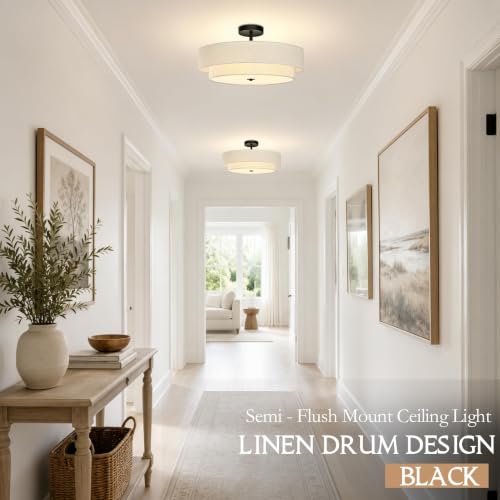 20" Modern 2 Layer Fabric Ceiling Light Black Classic Drum Light Fixture 5
