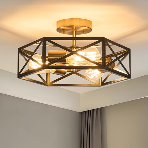 Black and Gold Modern Farmhouse Semi Flush Mount Ceiling Light 14.6 in