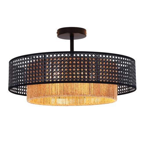 Black Wicker Flush Mount Ceiling Light Boho Fixture