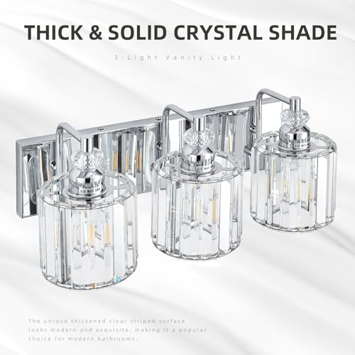 3 Light Modern Bathroom Light Fixture Chrome Bathroom Vanity Lights Over Mirror Wall Sconce Lighting with K9 Crystal Shades E26 Base for Bedroom