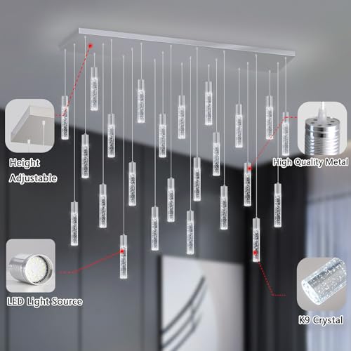 24 Lights Modern Crystal Chandeliers LED Pendant Light for Kitchen Island Dining Room Entrance Foyer Living Room Silver