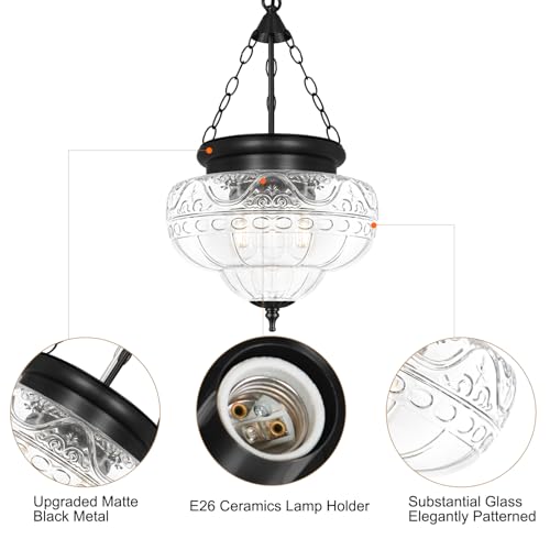3 Light Matte Black Pendant Lights with 12In Floral Glass