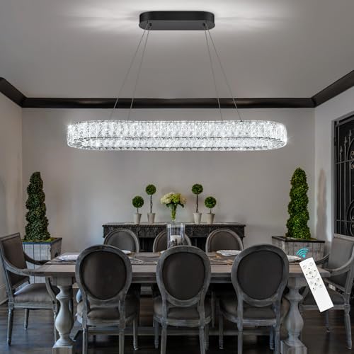Oval Crystal Chandelier Modern Dimmable LED Chandeliers for Dining Room Rectangular Light Fixture with Remote for Living Room Kitchen Light Black