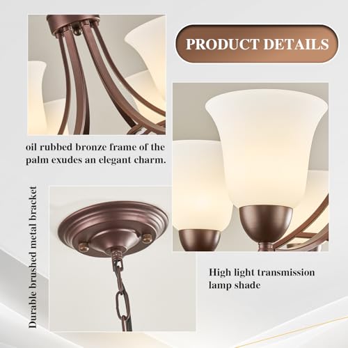 6 Light Oil Rubbed Bronze Dining Room Light Fixture Farmhouse Modern Chandelier Pendant Light Bronze 47.2''Adjustable Ceiling Hanging Lighting with Frosted Glass for Kitchen Island Living Room Foyer
