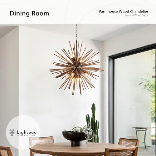 31.3" Farmhouse Sputnik Chandelier for Dining Room Rustic Handmade Natural Wood 16