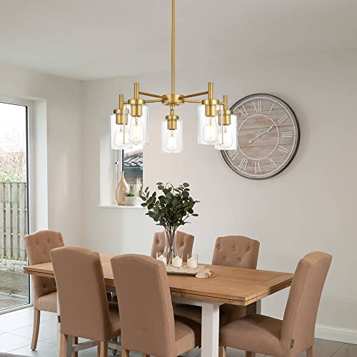 Retro Large Chandelier with Clear Glass Shade Metal Indoor Kitchen Island Pendant Lighting in Gold Finish Modern Light Fixture Hanging for Dining Room