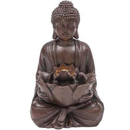 AUTODAYA 18.9" H Buddha Statue Outdoor Water Fountain with Warm LED Lights