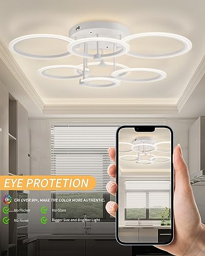 Modern LED Ceiling Light Dimmable Ceiling Light Fixtures with Remote 7 Rings White Close to Ceiling Lights 31.8" 130W 3000K