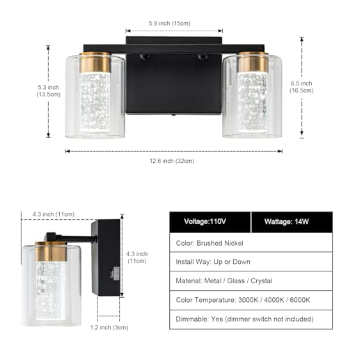 2 Light Black and Gold Vanity Light with 3 Color Modes