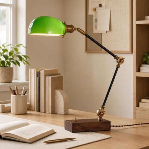 Adjustable Swing Arm Vintage Desk Lamp Modern Style Green Glass Solid Wood