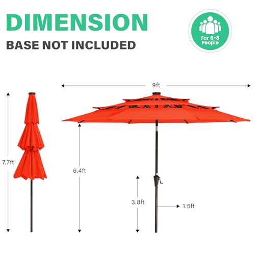 3 Tiers Patio Umbrella with Solar Lights 9ft Outdoor Market Table Umbrellas with Push Button Tilt for Outside Pool Garden