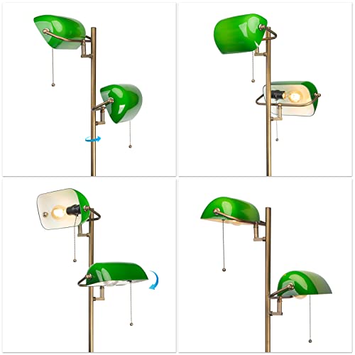 Green Glass Bankers Floor Lamp Classic Vintage Standing Lamp with Pull Chain Switch Adjustable Arm Reading Floor Light for Bedroom Headboard Workplace Office Piano Style Lamp