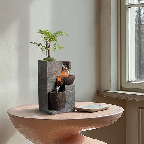 Resin Tabletop Waterfall Fountain with LED Light & Plant Pot