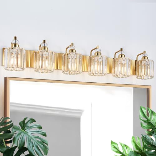 6 Light Modern Vanity Lights Brushed Brass Bathroom Light Fixtures Over Mirror Gold Bathroom Vanity Lighting with Crystal Shade E26 Base Wall Sconce for Bedroom Living Room Restroom Wall Lamp
