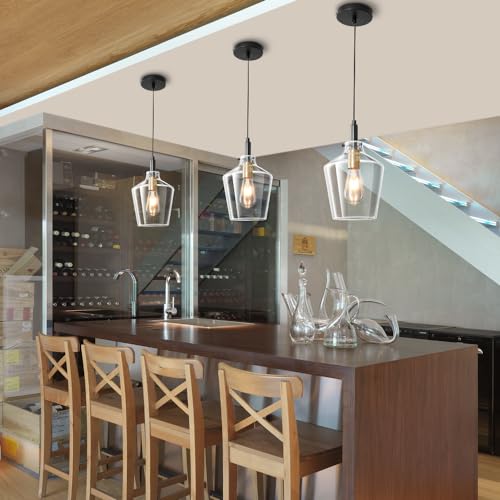 Glass Pendant Lighting for Kitchen Island 1 Pack Black Gold Clear 8 Inch