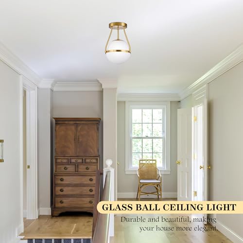 Globe Semi Flush Mount Ceiling Light Mid Century Modern Globe Ceiling Light Fixture with Milk Glass Shade Brass Finish for Living Room Hallway Kitchen Island Dining Room Laundry
