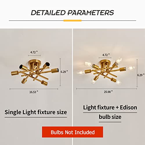 6 Lights Semi Flush Mount Ceiling Light Fixture Gold Modern Matte Sputnik Chandelier Vintage Ceiling Lamp Farmhouse for Kitchen Bedroom Dining Room Living Room with E26 Bulb Base