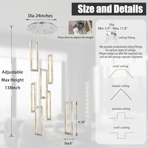 Modern Chandelier 6 Rings Silver Chandelier Lighting Fixture High Ceiling Chandelier Suitable for Living Room Staircase Villa