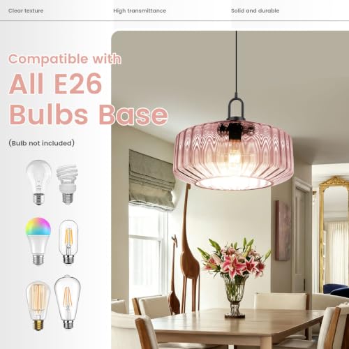 Large Glass Pendant Light Ribbed Pink Ceiling Hanging Light Fixture