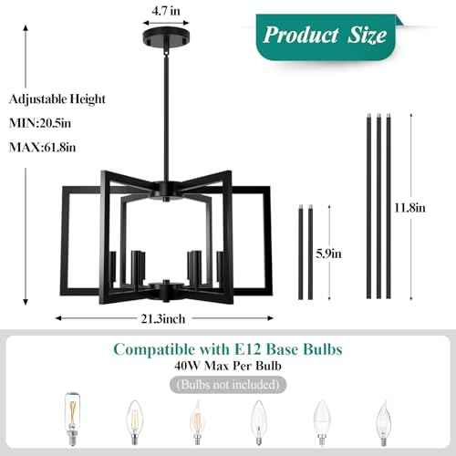 6-Light Black Chandelier, Farmhouse Dining Room Light Fixture, Large Modern Chandelier, Geometric Industrial Metal Hang Lighting Fixture for Foyer Entryway Kitchen Over Table Hallway Living Room