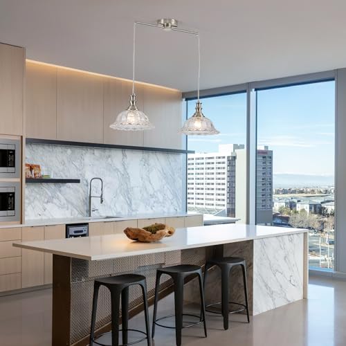 2 Light Pendant Light Fixtures Modern Glass Hanging Lights with Adjustable Cord for Kitchen Island Dining Room Living Room Hallway Brushed Nickel Metal