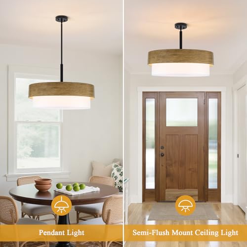 23.6" Large Wood Texture Drum Chandelier for Dining Room with White Fabric