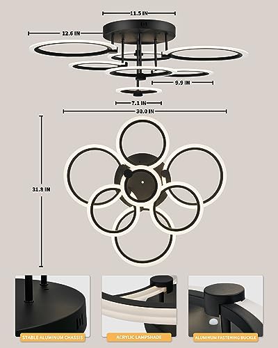 Modern LED Ceiling Light 7 Rings Dimmable Fixtures with Remote Black Close to Ceiling Light 31.8" 130W 3000K