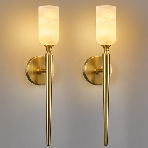Natural Alabaster Wall Sconce Modern Gold Wall Sconces Set of Two Bathroom Sconce Wall Decor Antique Marble Sconces Wall Lighting for Bedroom Living Room Entryway Hallway Staircase