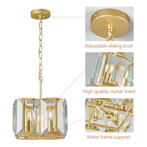 Gold Modern Crystal Chandeliers Rectangle Farmhouse Pendant Light Semi Flush Mount Ceiling Light Fixture for Bedroom Dining Room Kitchen Island Living Room Foyer Hallway