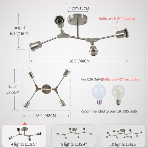 Mid Century 4 Light Sputnik Nickel Semi Flush Mount Ceiling Light