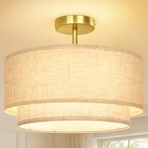 16" Semi Flush Mount Ceiling Light Double Drum Gold 3 (Gold)