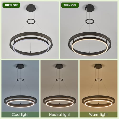 Modern LED Chandelier Vintage Black Brown Dimmable Circular LED Pendant Light with Remote Ring Chandelier Dining Room Light Fixtures for Kitchen Island Living Room Entryway
