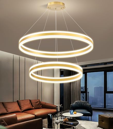 D23.6''+31.5'' Modern Ring Chandelier for Dining Room LED Dimmable Pendant Lighting High Ceiling Chandelier for Living Room Foyer Bedroom Entryway 3000K