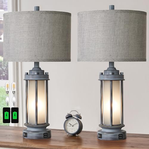 Set of 2 Rustic Table Lamps for Living Room with 2 USB C+A Ports (2 Count)