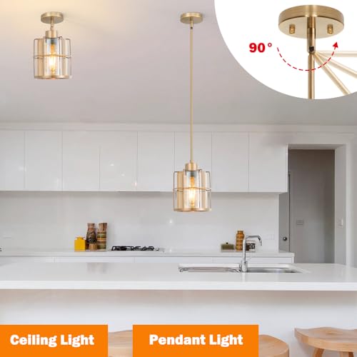 Farmhouse Brass Pendant Light Fixtures with Amber Glass (2 Count)