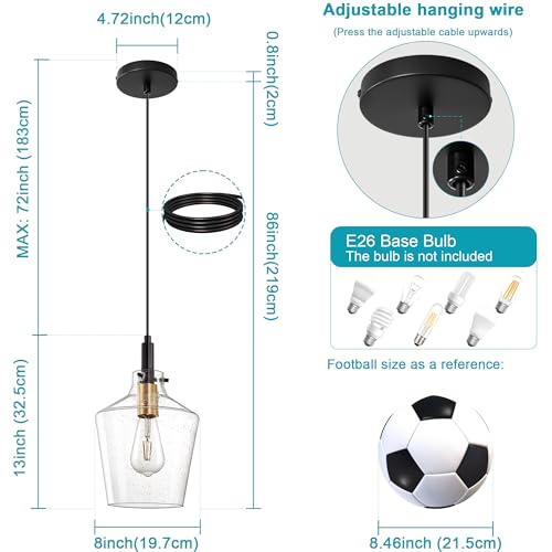 Seeded Glass Pendant Lighting for Kitchen Island 1 Pack Black Gold 8 Inch