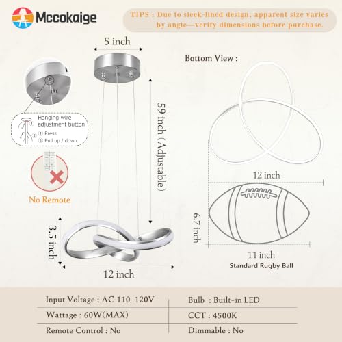 LED Chandelier Modern Pendant Light Fixture 2 Pack Simple Irregular Streamline Ring Light Nickel with 4500K and 59" Height Adjustable Hanging Lamp for Kitchen Island Hallway Foyer Corridor