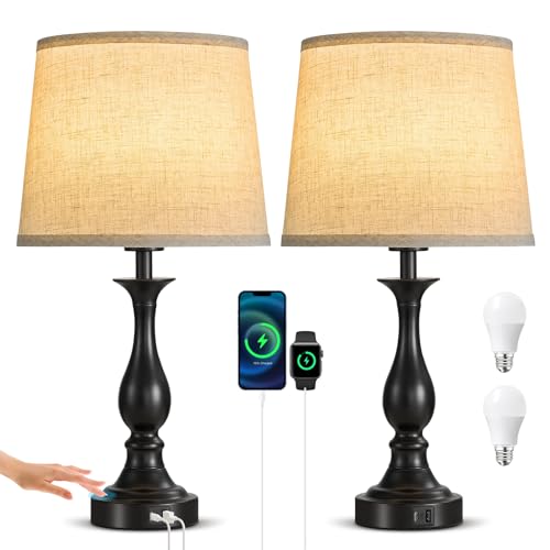 Bedside Table Lamp Touch Control Bedroom Lamps with USB A + C Charging Port 3 Way Dimmable Touch Lamps for Nightstand Living Room Bedroom Dorm Home Office Reading (2 Count)