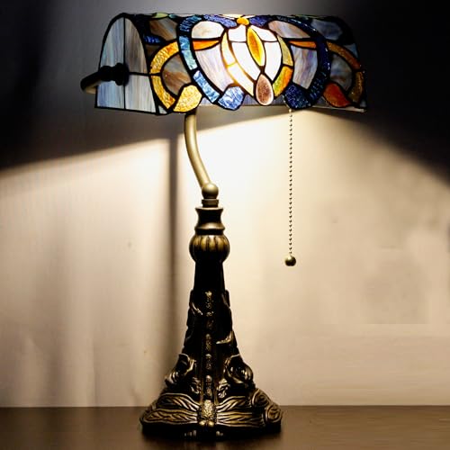 Tiffany Banker Lamp Small Stained Glass Table Lamp Blue Purple Cloudy